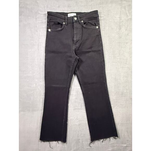 Zara Denim - Zara‎ Women's Straight Leg Mini Flare Fray Hem Black Denim Jeans Size 6